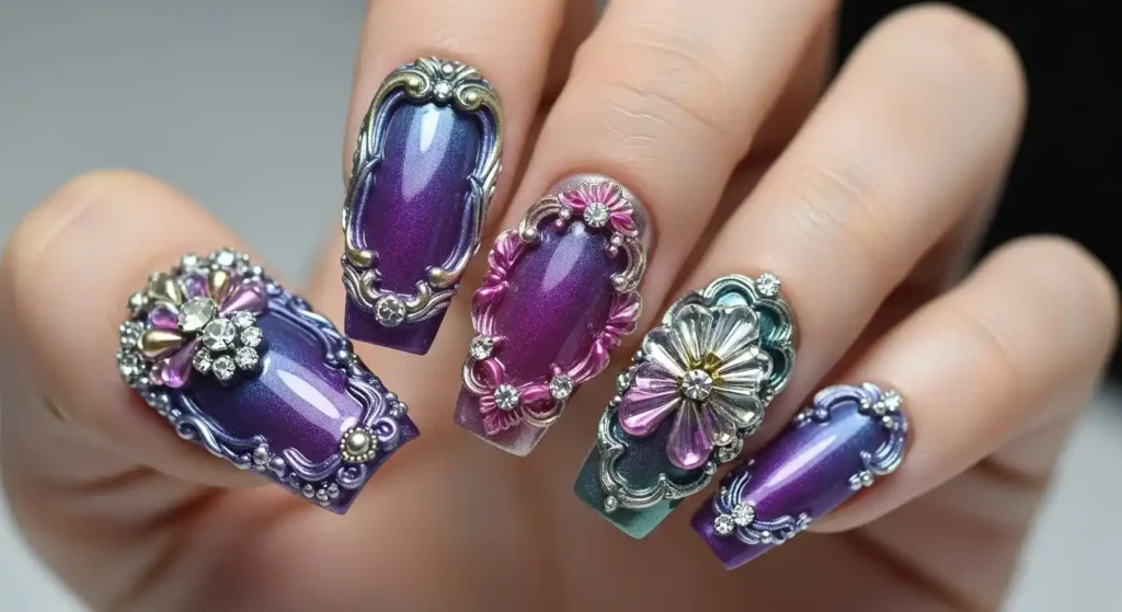 3D Gel Sculpting Frames in 3D embellished Nails