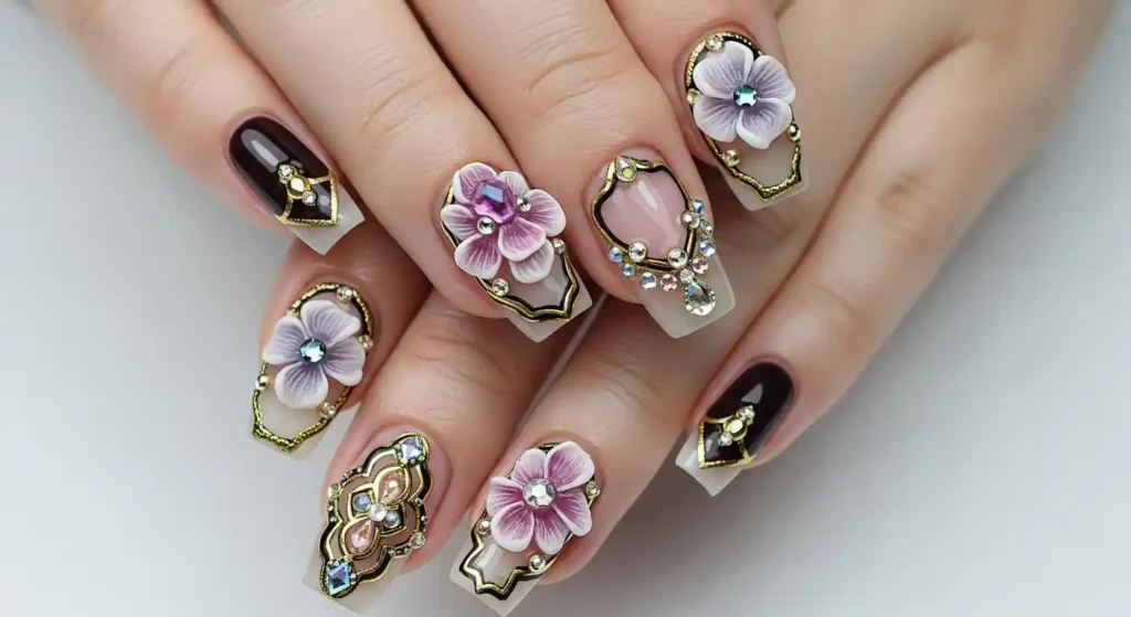 3D Gel Sculpting Frames in 3D embellished Nails