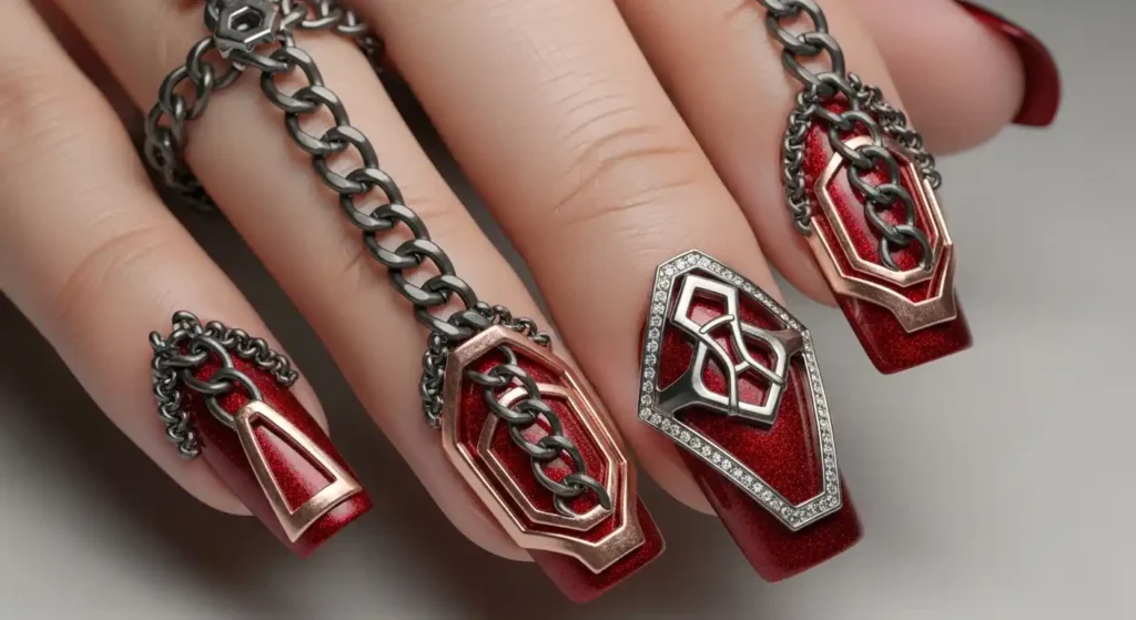 Chains & Metal Frames in 3D embellished Nails