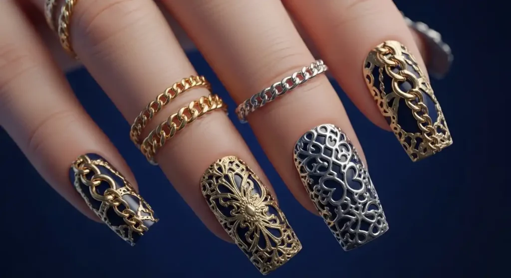Chains & Metal Frames in 3D embellished Nails
