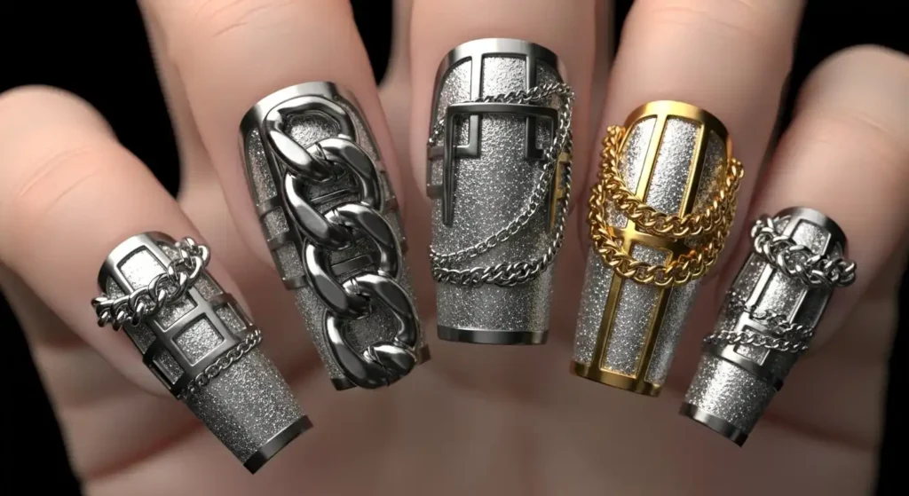 Chains & Metal Frames in 3D embellished Nails