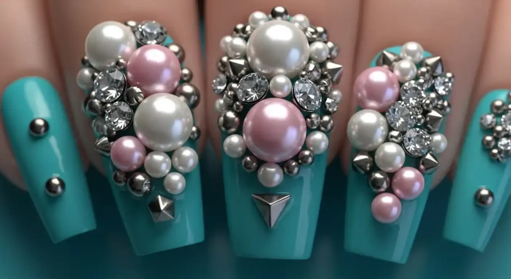 Pearls & Studs in 3D embellished Nails