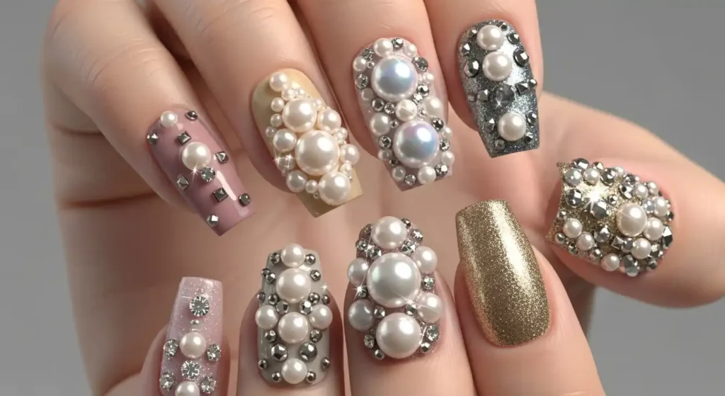 Pearls & Studs in 3D embellished Nails
