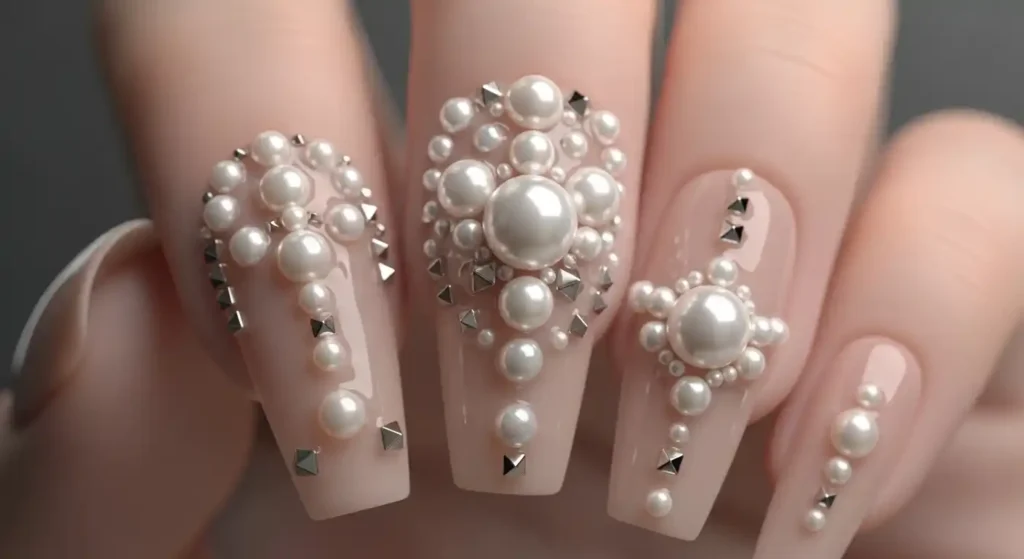 Pearls & Studs in 3D embellished Nails