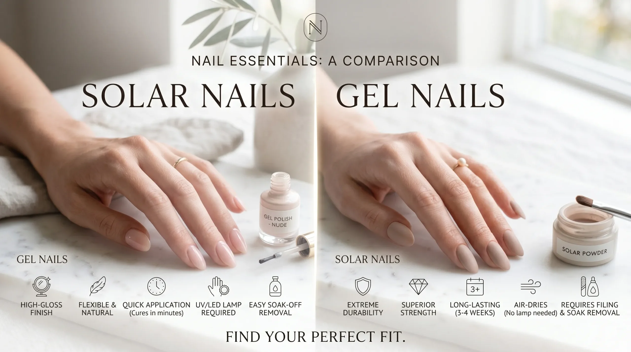 Solar nails vs gel nails comparison — showing the glossy finish of solar nail enhancements alongside gel nail options