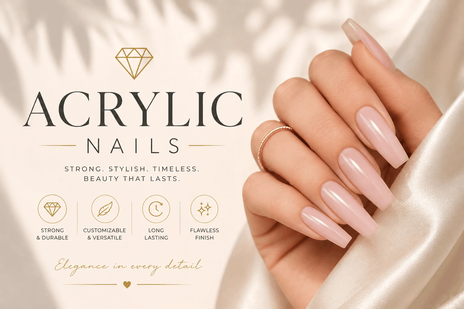 Acrylic nails with bold nail art design showing the versatility and design range of traditional acrylic nail enhancements