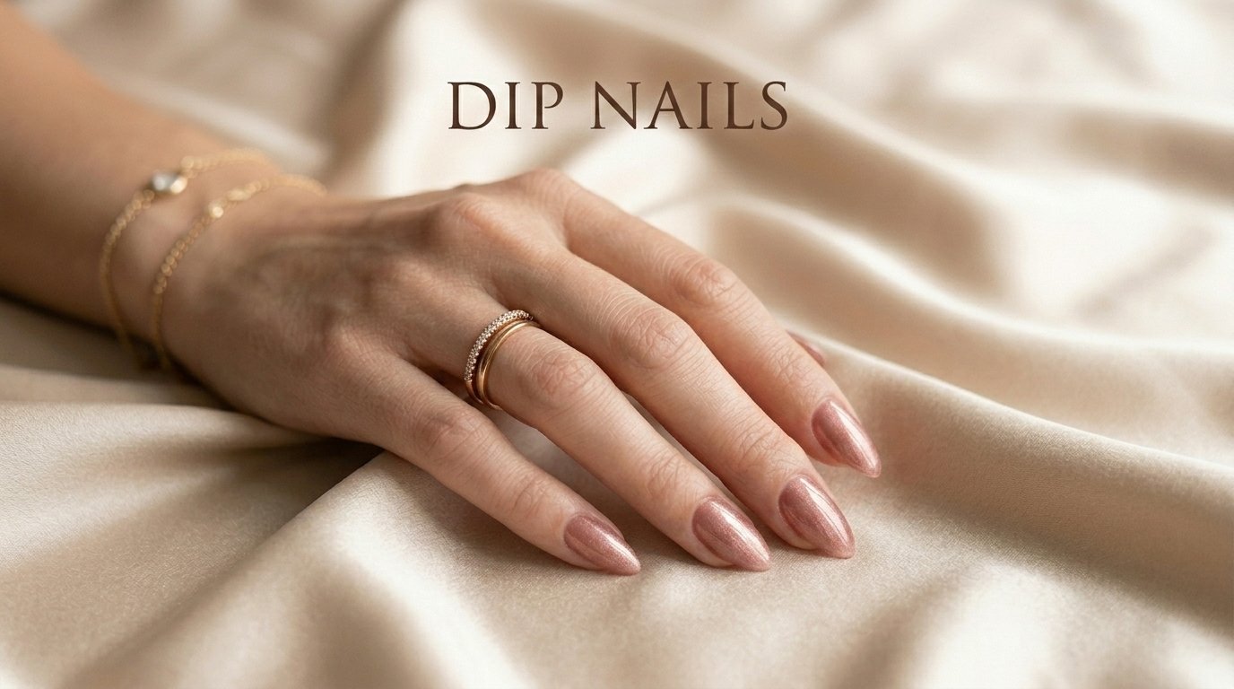 Dip powder nails close-up — showing the lightweight layered finish and vibrant color of dipping powder nail enhancements