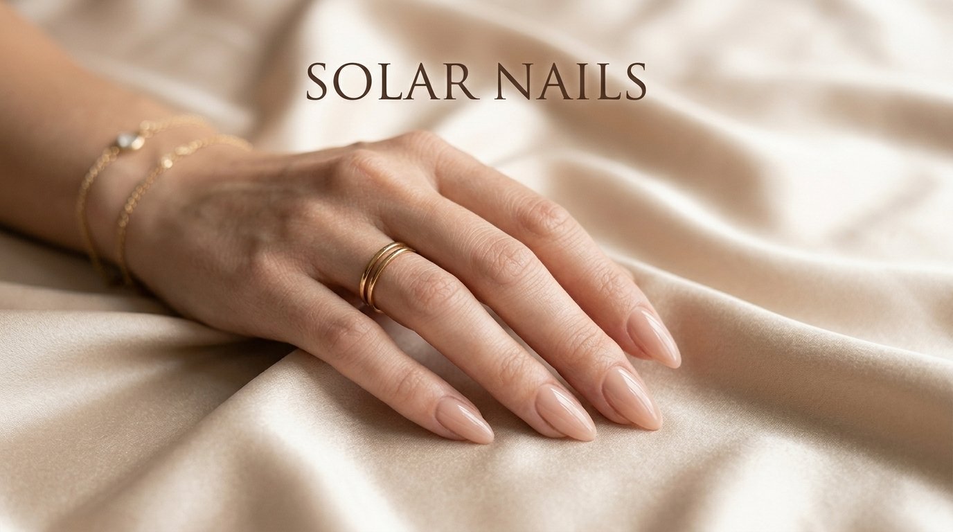 Solar nails close-up — showing the high-gloss UV-resistant acrylic finish and classic pink-white French manicure style